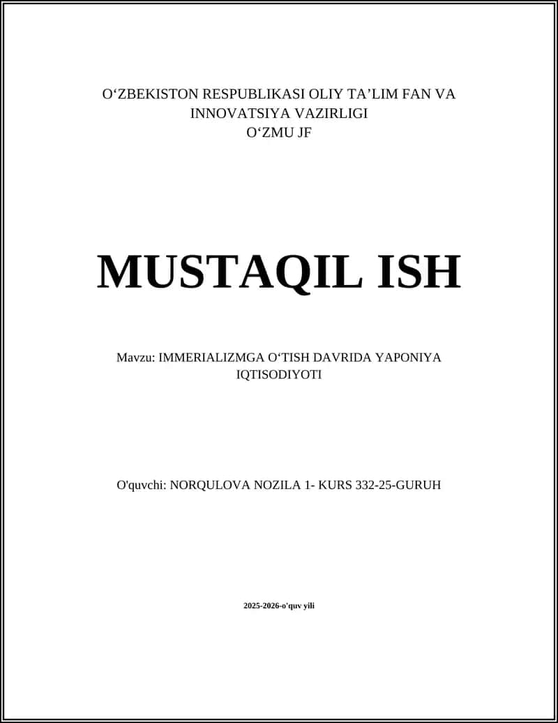 IMMERIALIZMGA OʻTISH DAVRIDA YAPONIYA IQTISODIYOTI