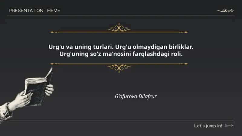 Urg'u va uning turlari. Urg'u olmaydigan birliklar. Urg'uning so'z ma'nosini farqlashdagi roli.