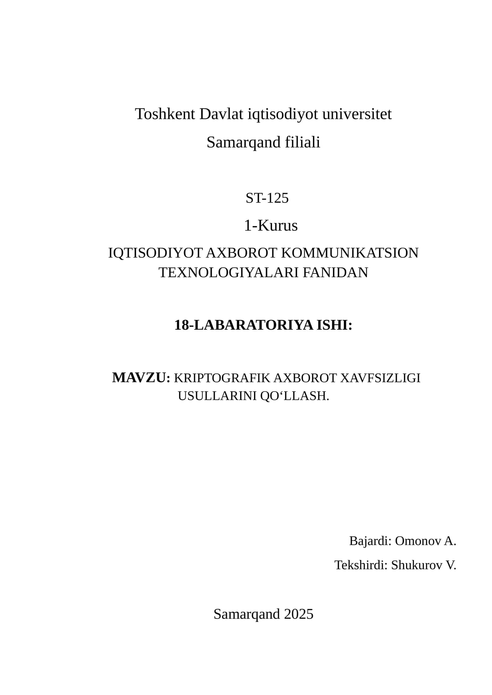 KRIPTOGRAFIK AXBOROT XAVFSIZLIGI USULLARINI QO‘LLASH