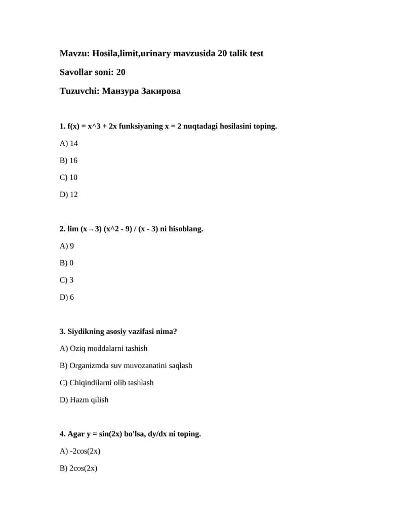 Hosila,limit,urinary mavzusida 20 talik test