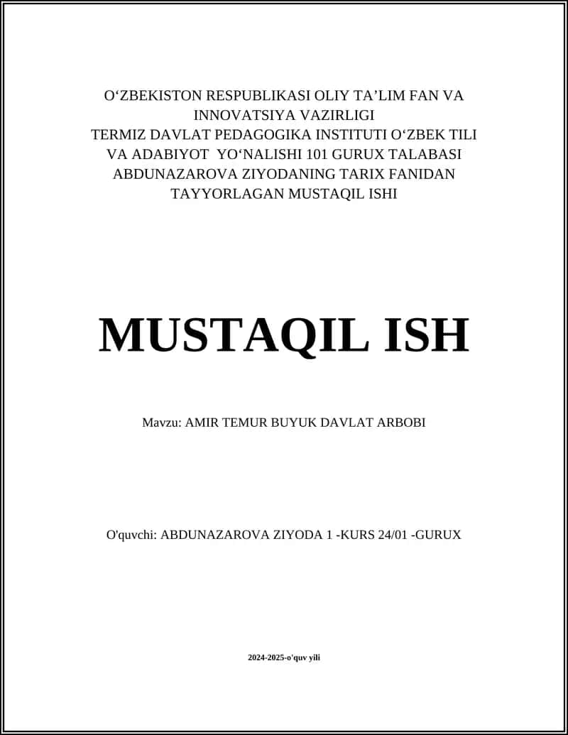 AMIR TEMUR BUYUK DAVLAT ARBOBI
