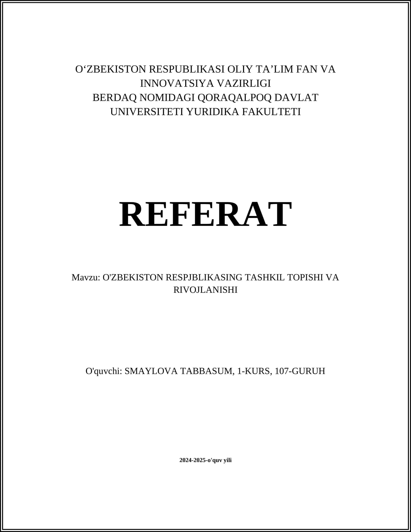 O'ZBEKISTON RESPJBLIKASING TASHKIL TOPISHI VA RIVOJLANISHI