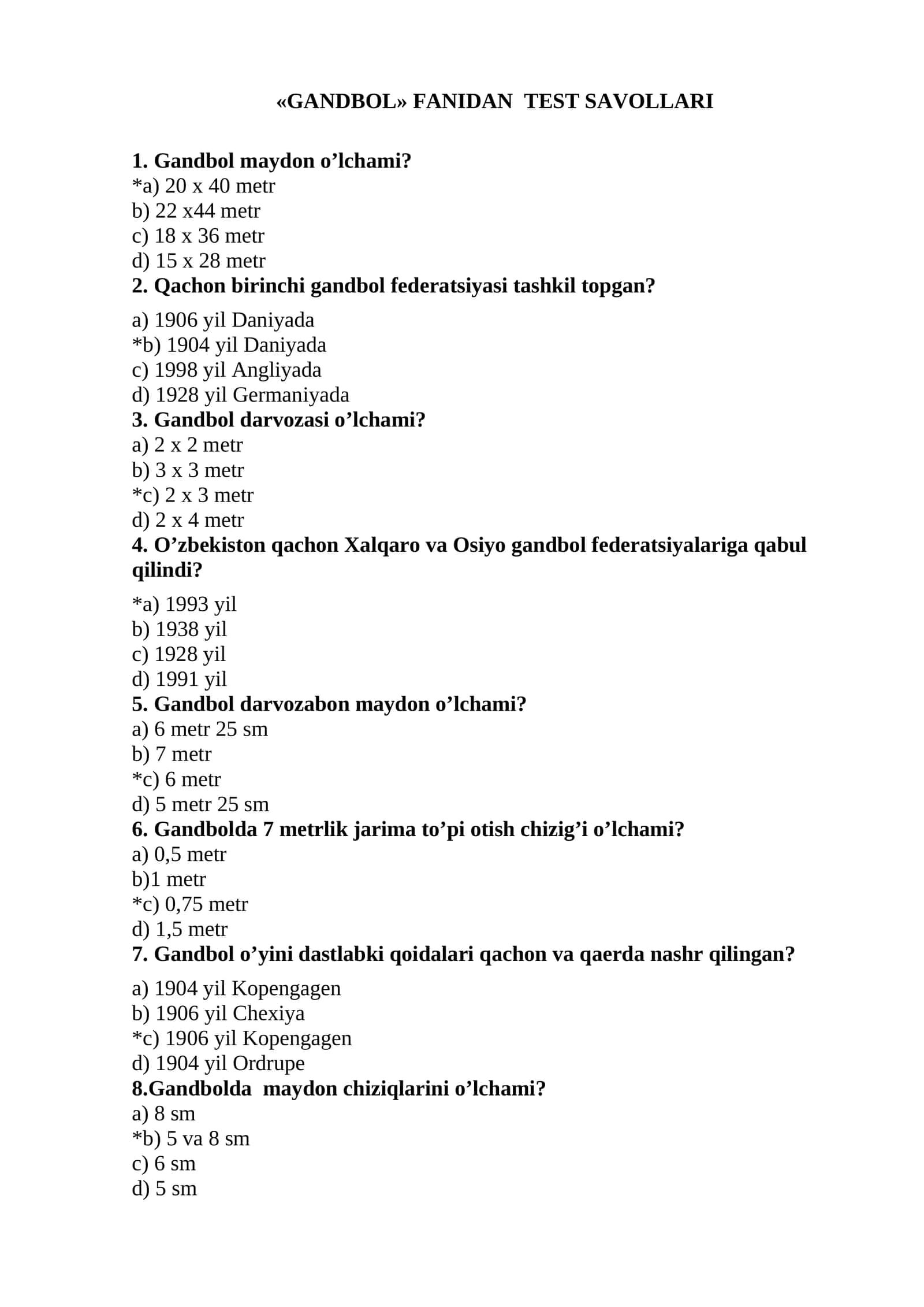«GANDBOL» FANIDAN  TЕST SAVОLLARI