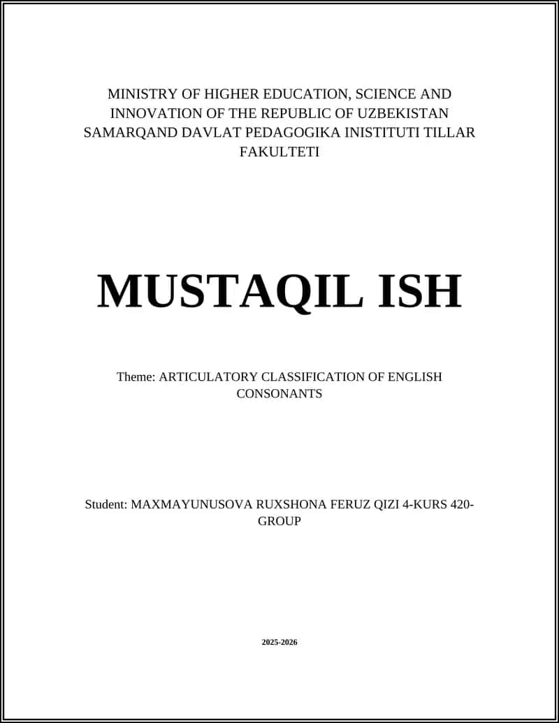 ARTICULATORY CLASSIFICATION OF ENGLISH CONSONANTS