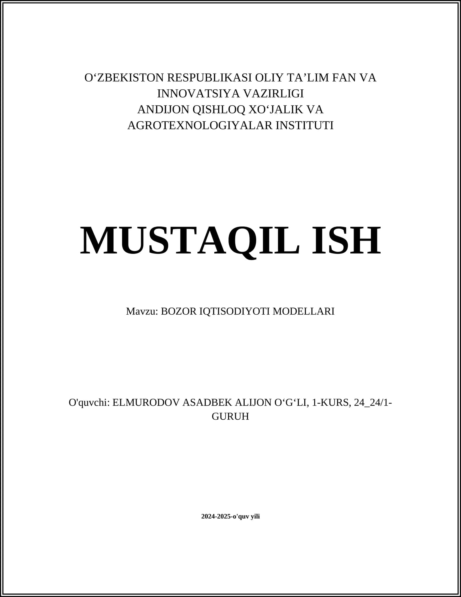 BOZOR IQTISODIYOTI MODELLARI