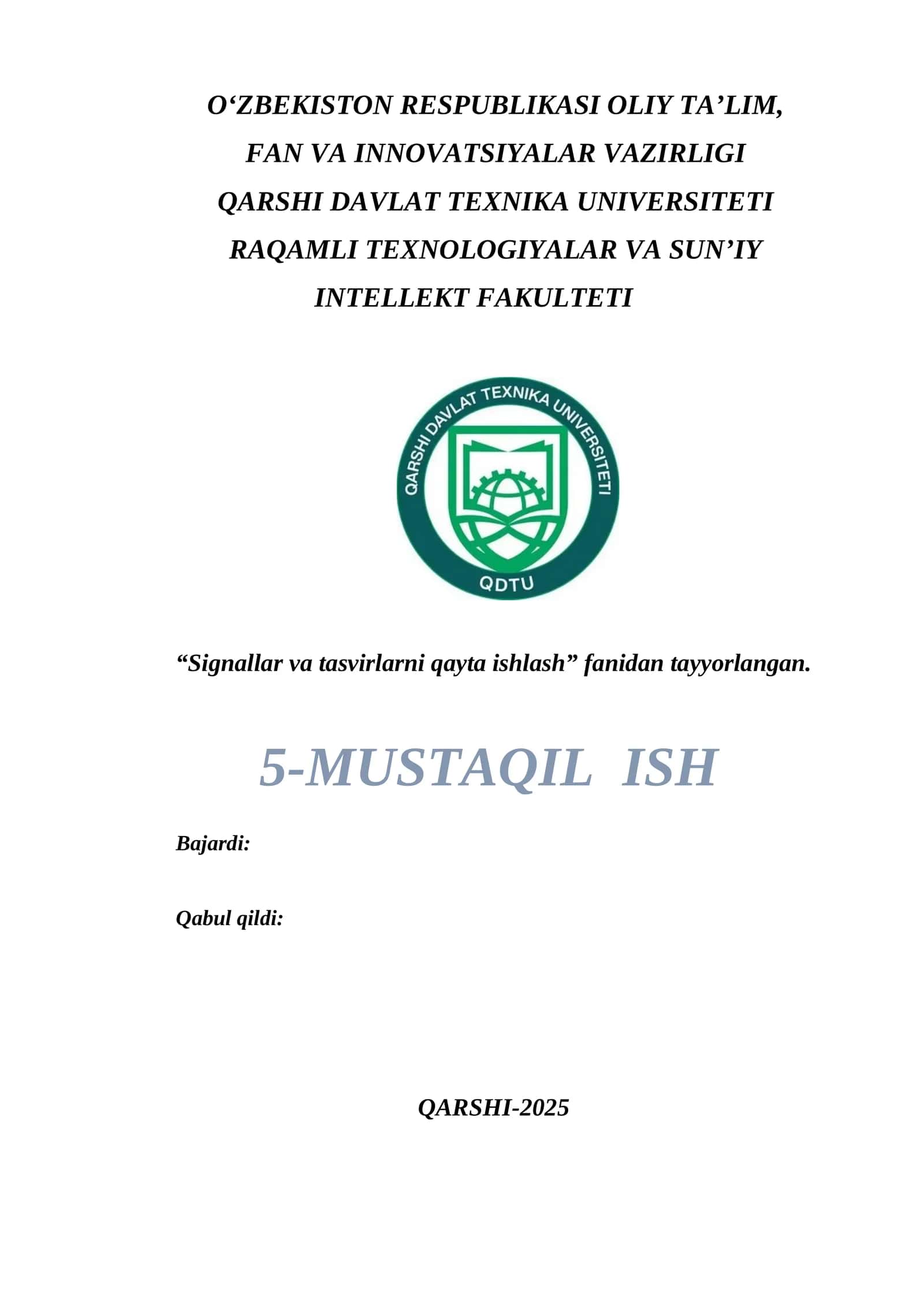 Bir va ikki o’lchovchi signallarga raqamli ishlov berishda sun’iy intellekt algoritmlarini qo’llash.