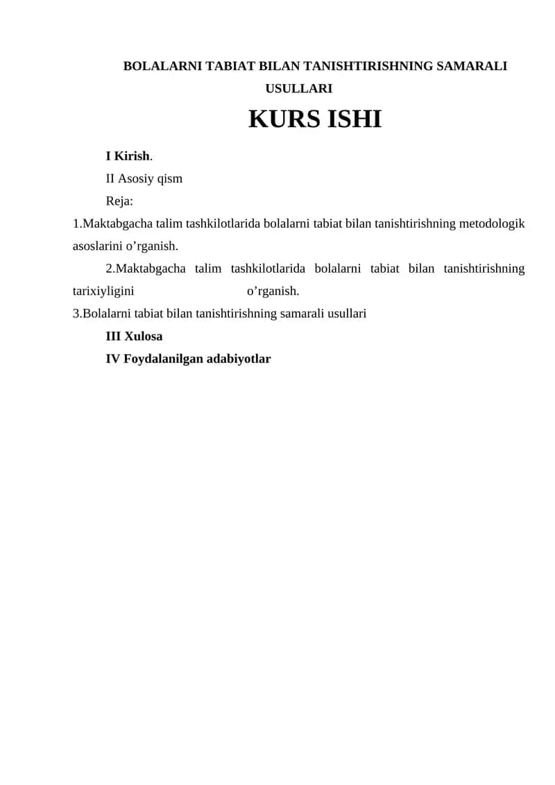 Bolalarni Tabiat Bilan Tanishtirishning Samarali Usullari Kurs Ishi