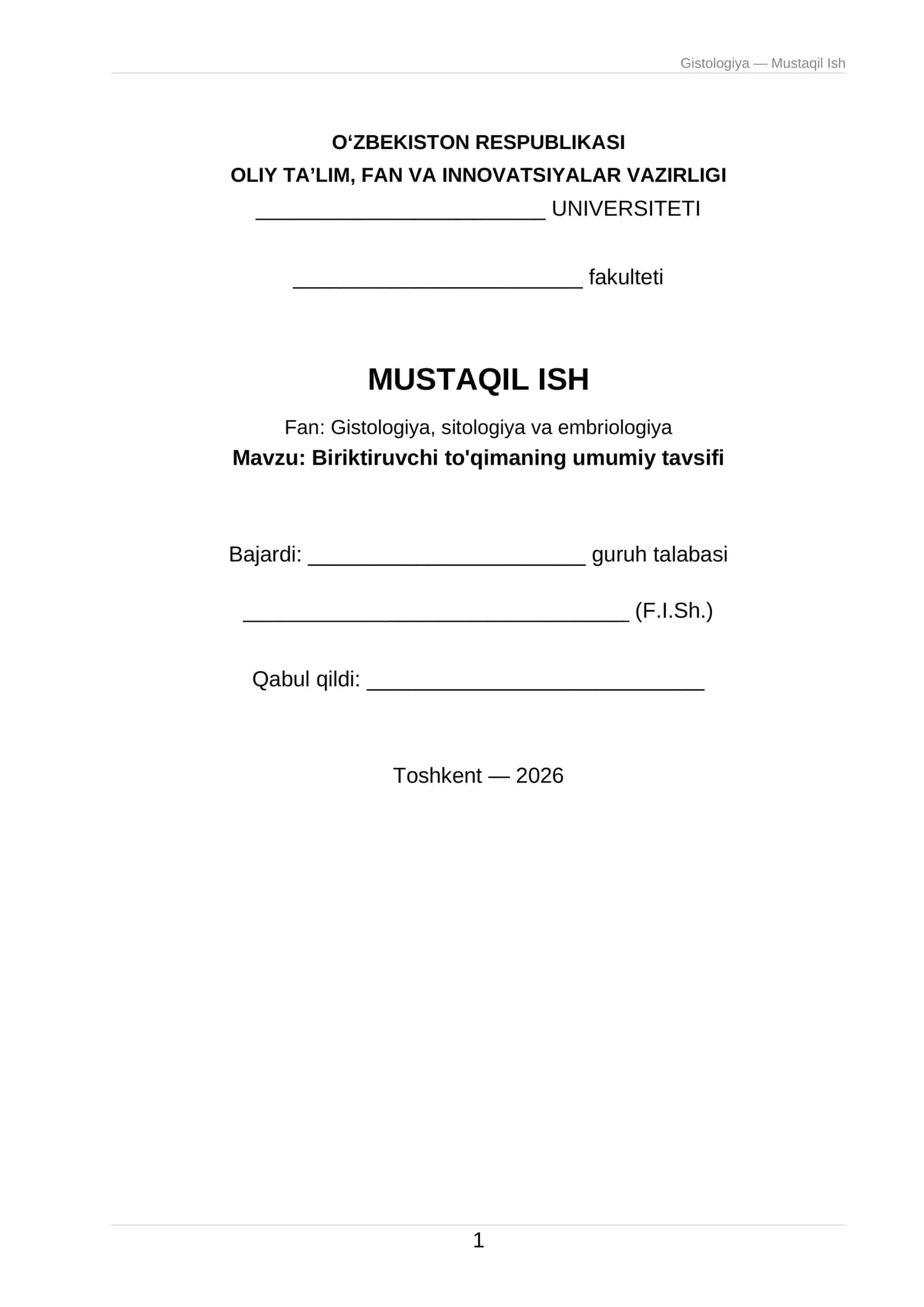 Gistologiya — Mustaqil Ish