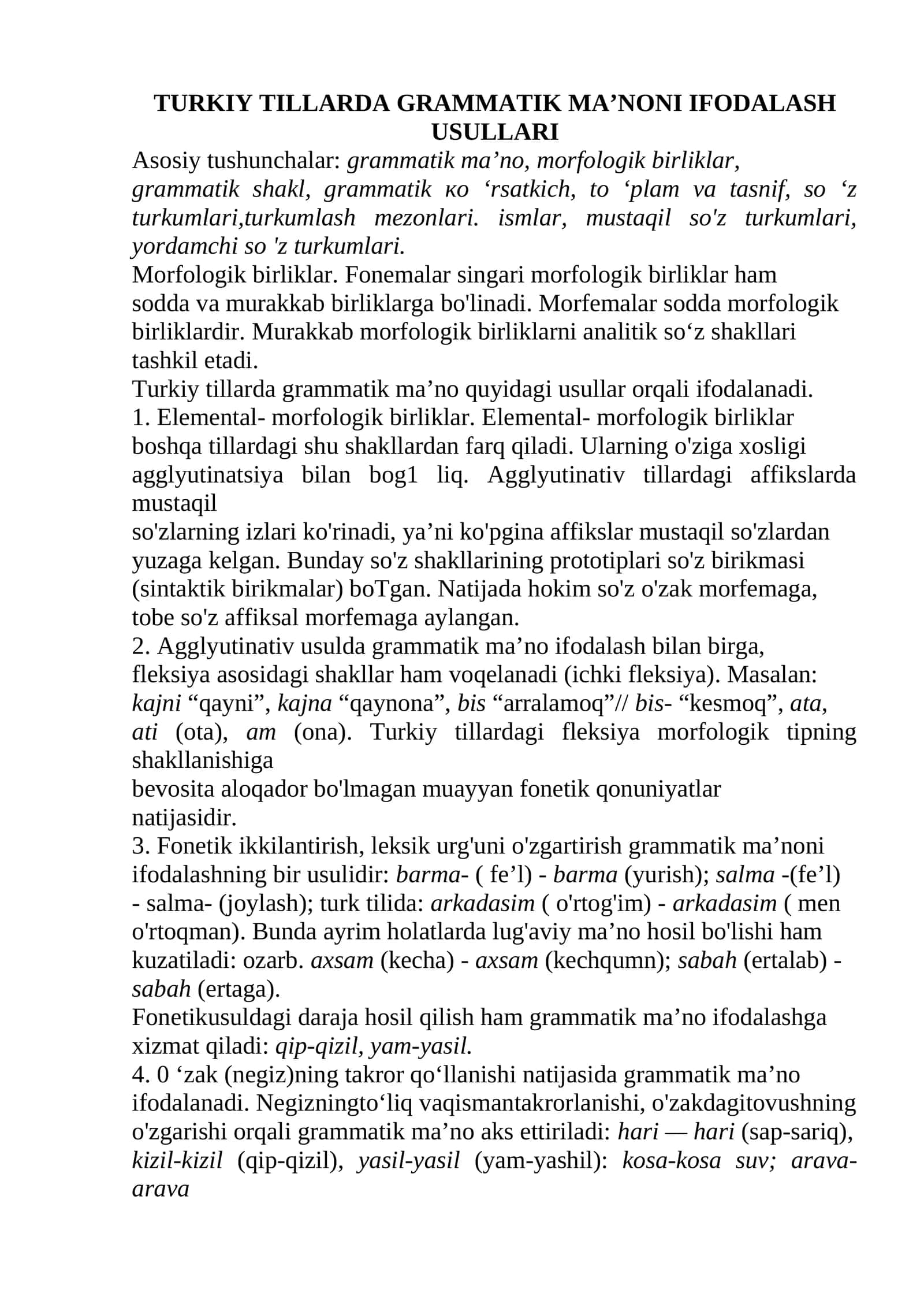 TURKIY TILLARDA GRAMMATIK MA’NONI IFODALASH USULLARI