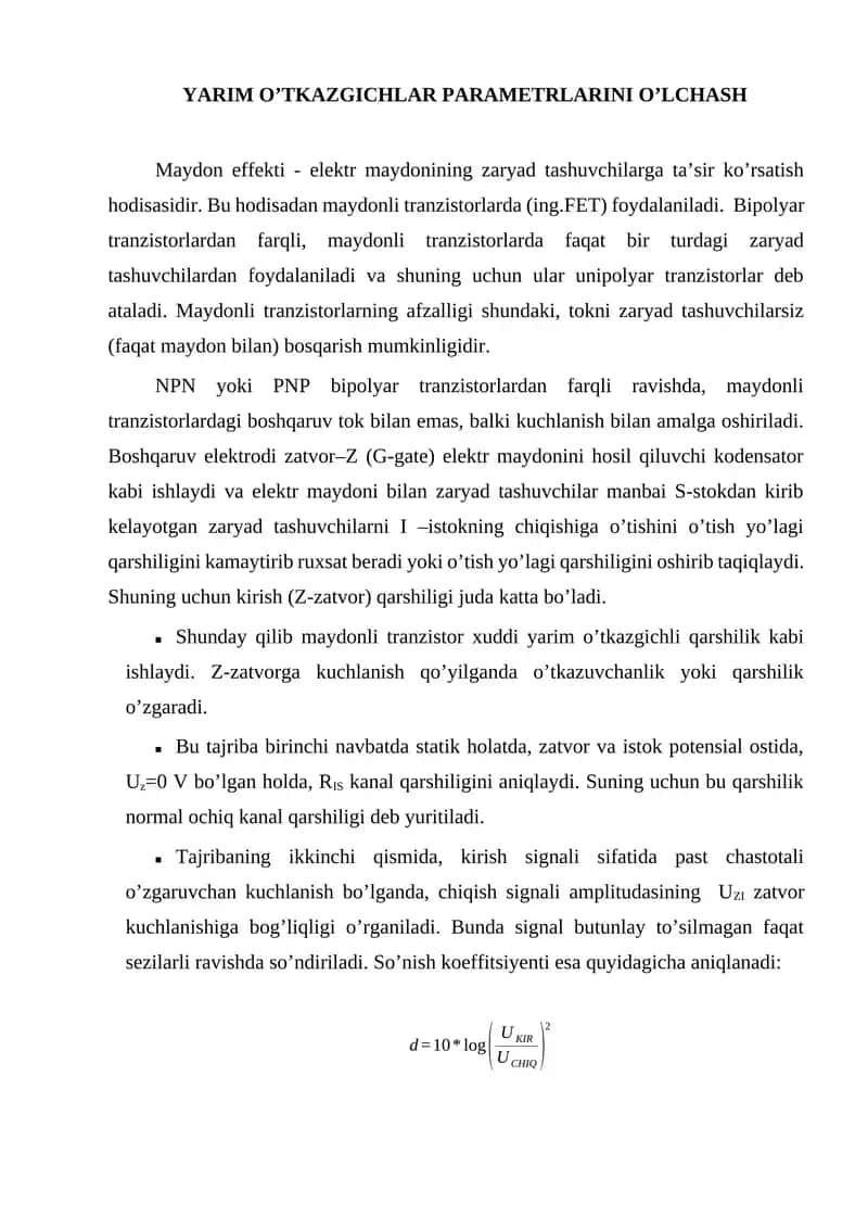 YARIM O’TKAZGICHLAR PARAMETRLARINI O’LCHASH