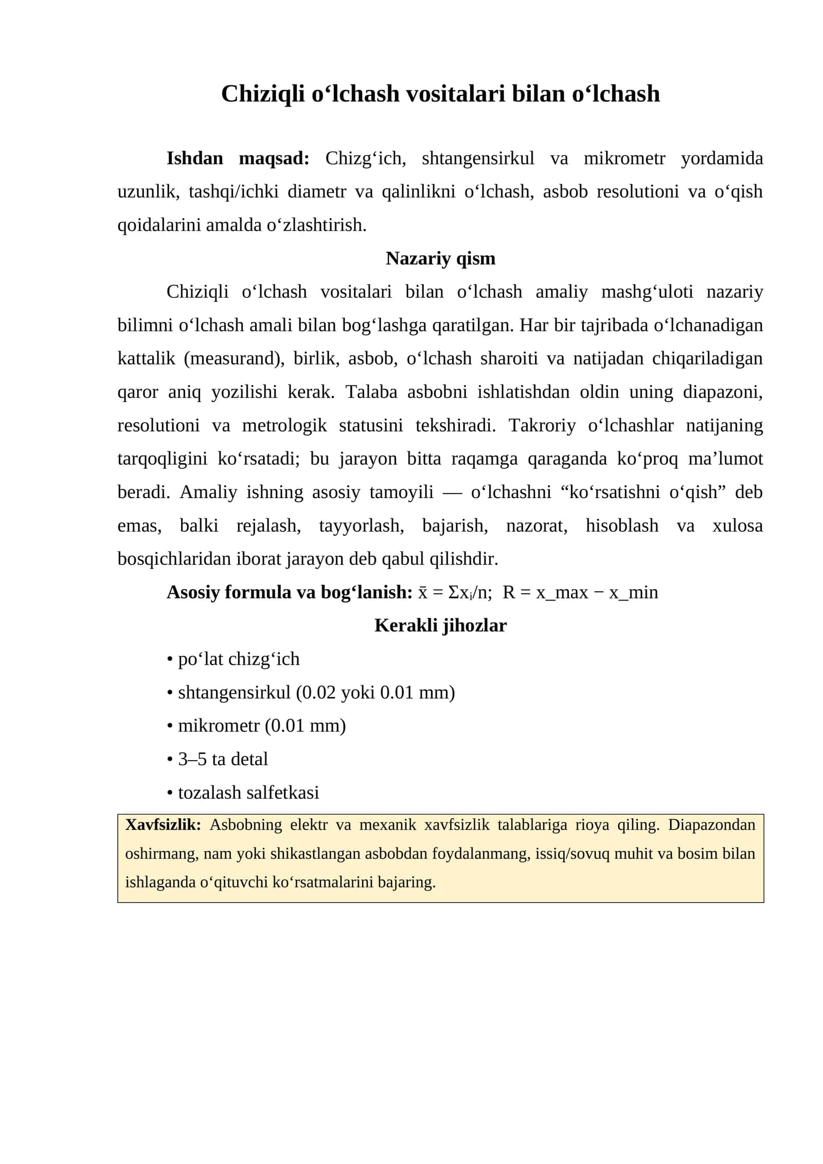 Chiziqli o‘lchash vositalari bilan o‘lchash