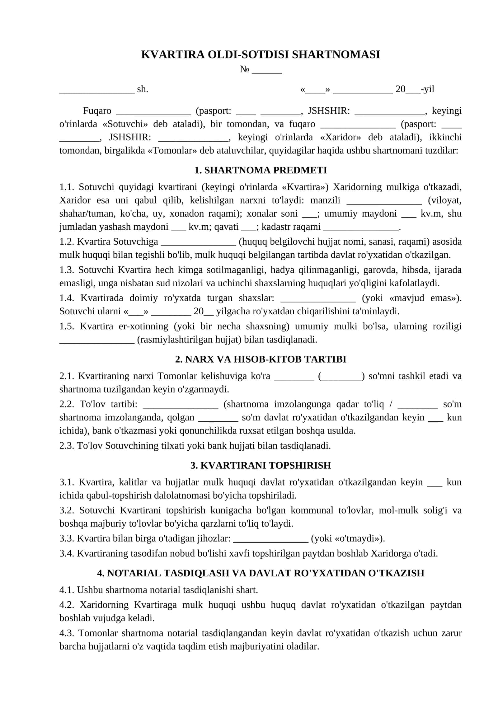 Kvartira oldi sotdisi shartnomasi namunasi