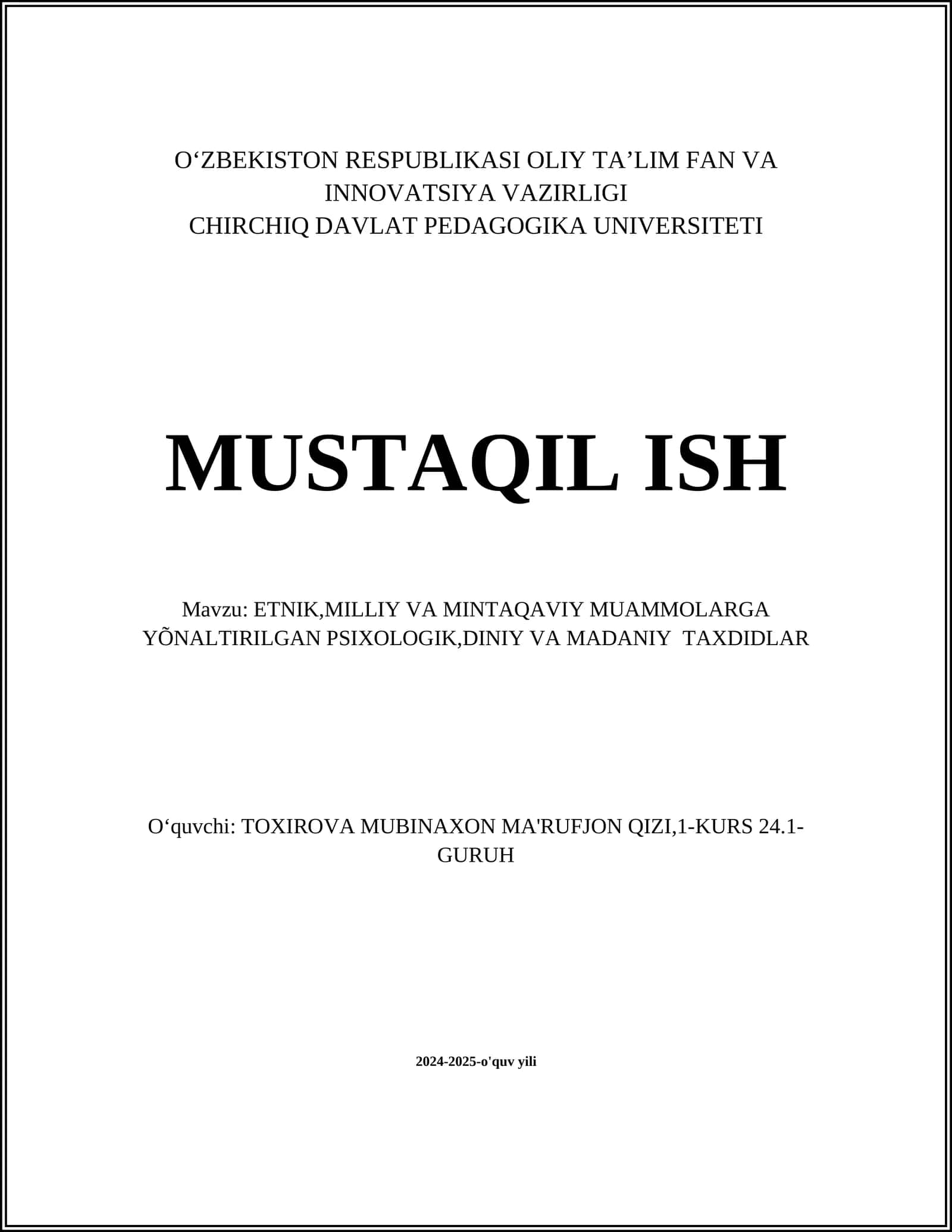 CHIRCHIQ DAVLAT PEDAGOGIKA UNIVERSITETI MUSTAQIL ISH
