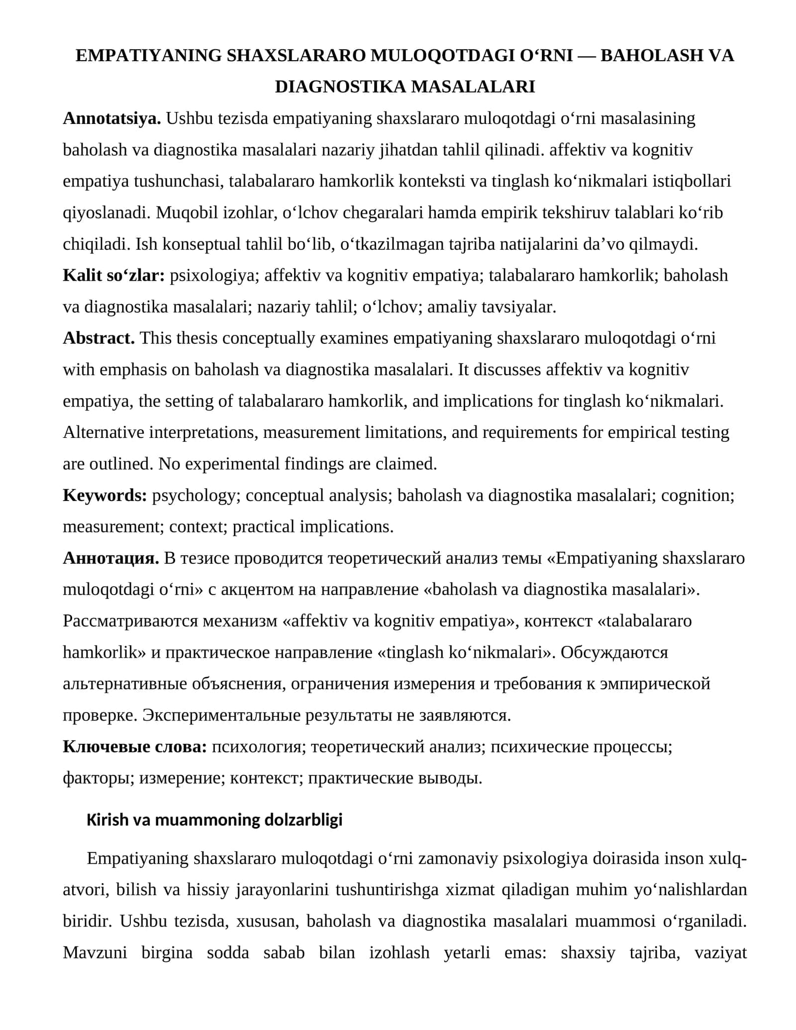 EMPATIYANING SHAXSLARARO MULOQOTDAGI O‘RNI — BAHOLASH VA DIAGNOSTIKA MASALALARI