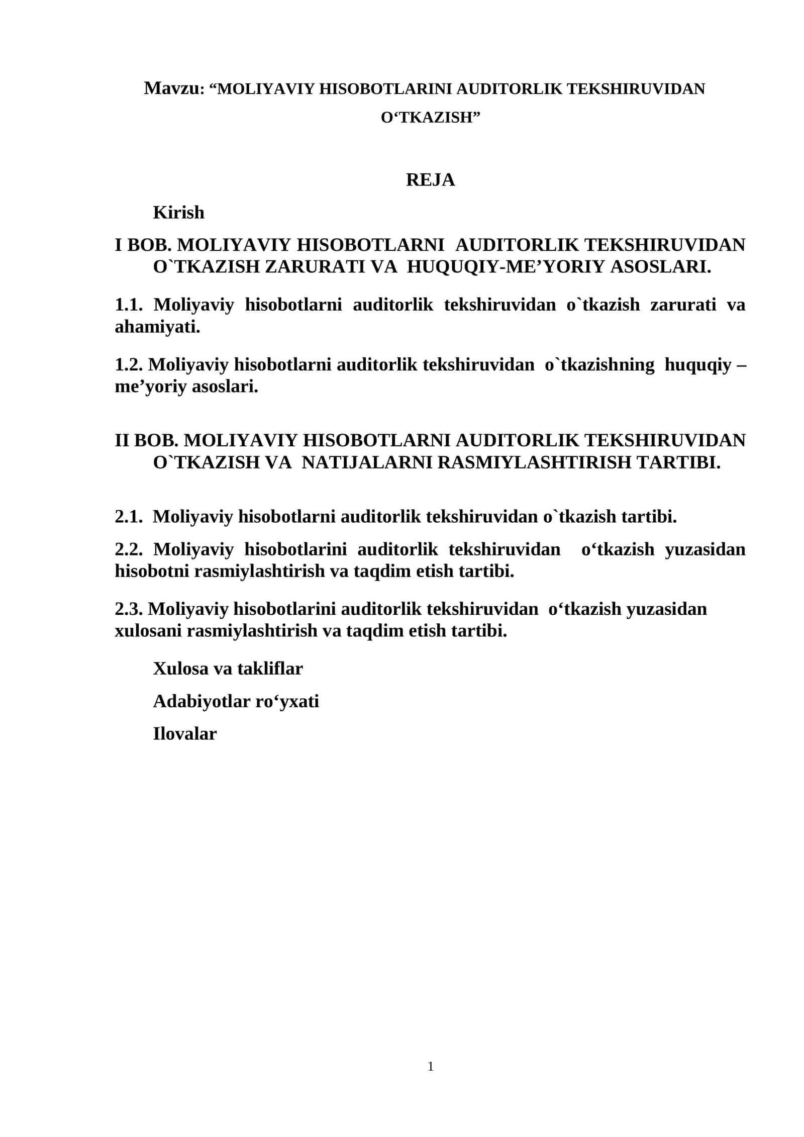 MOLIYAVIY HISOBOTLARINI AUDITORLIK TEKSHIRUVIDAN O‘TKAZISH