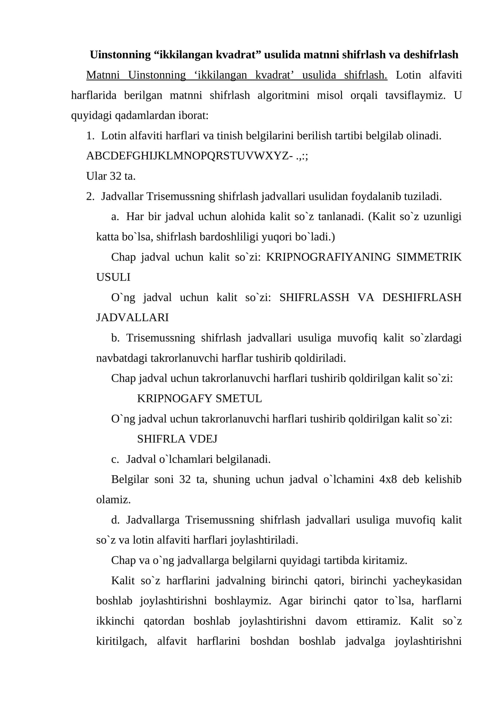 Uinstonning “ikkilangan kvadrat” usulida matnni shifrlash va deshifrlash