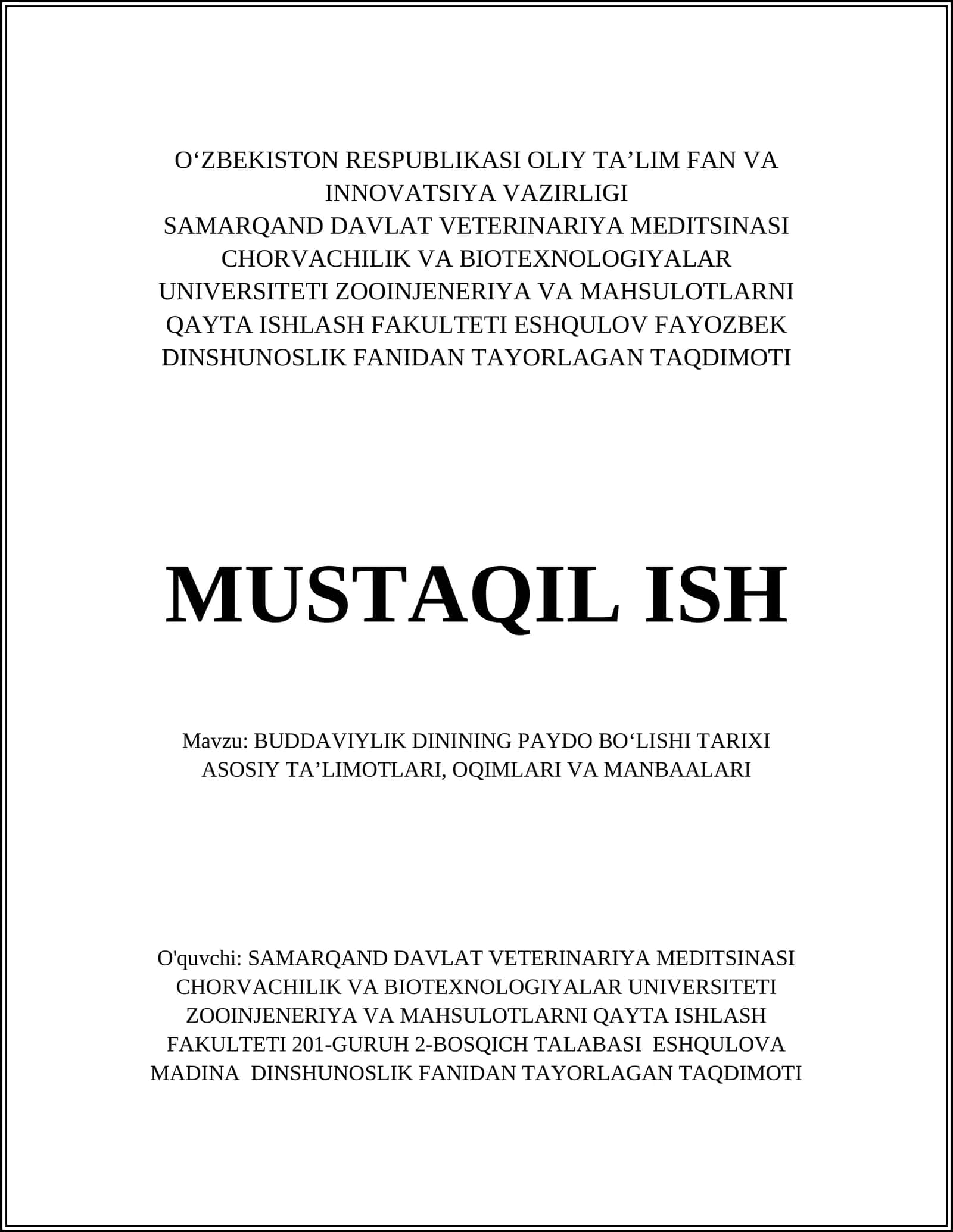 BUDDAVIYLIK DININING PAYDO BOʻLISHI TARIXI ASOSIY TAʼLIMOTLARI
