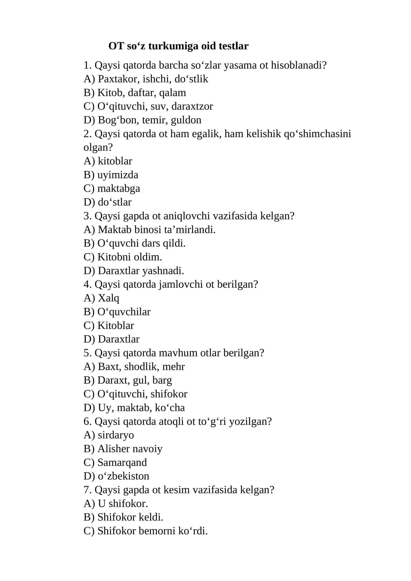OT so‘z turkumiga oid testlar