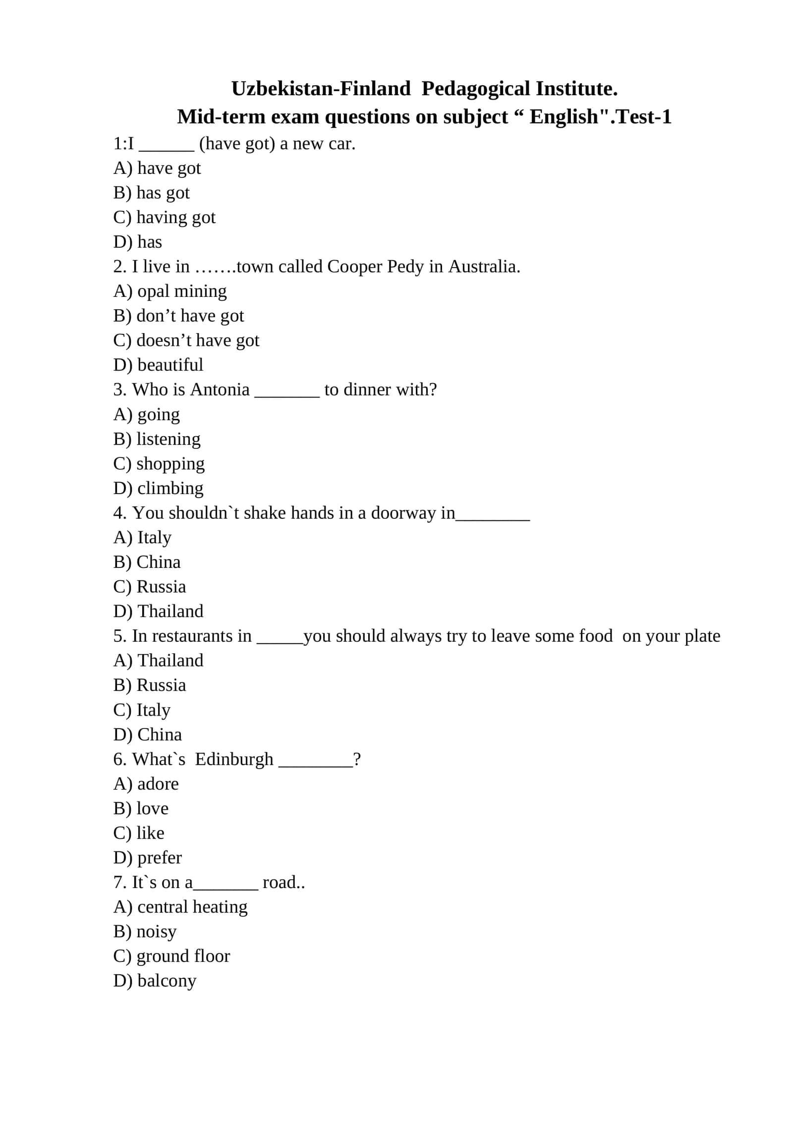 Mid-term exam questions on subject “ English".Test-1