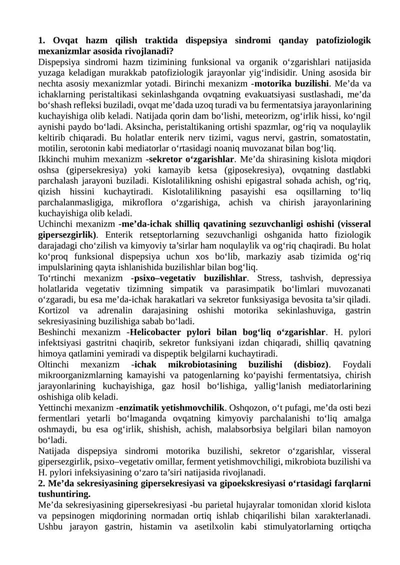 Patalogik Fiziologiya Fanidan 3-kurs V smestir oraliq nazorat savollariga tòlliq javoblar