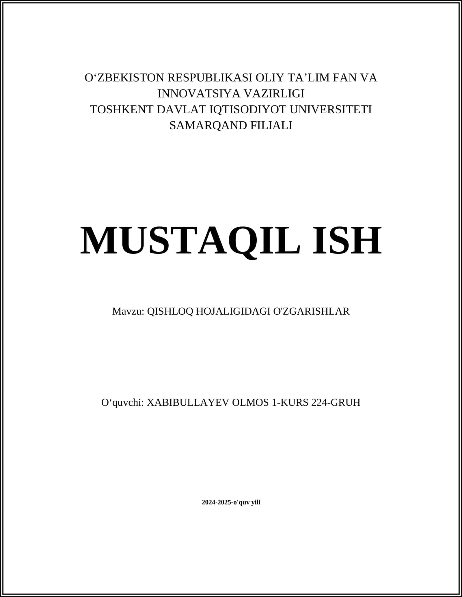QISHLOQ HOJALIGIDAGI O'ZGARISHLAR