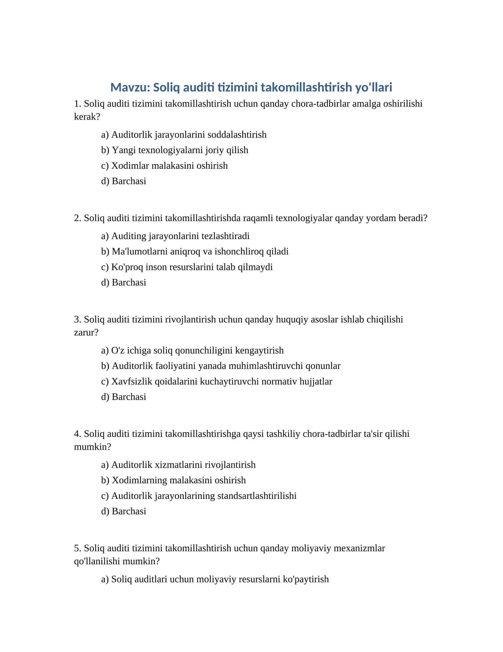 Soliq auditi tizimini takomillashtirish yo'llari