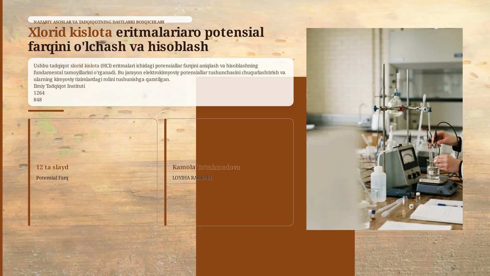 Xlorid kislota eritmalariaro yuzaga keladigan potensiallar farqini o'lchash va hisoblash
