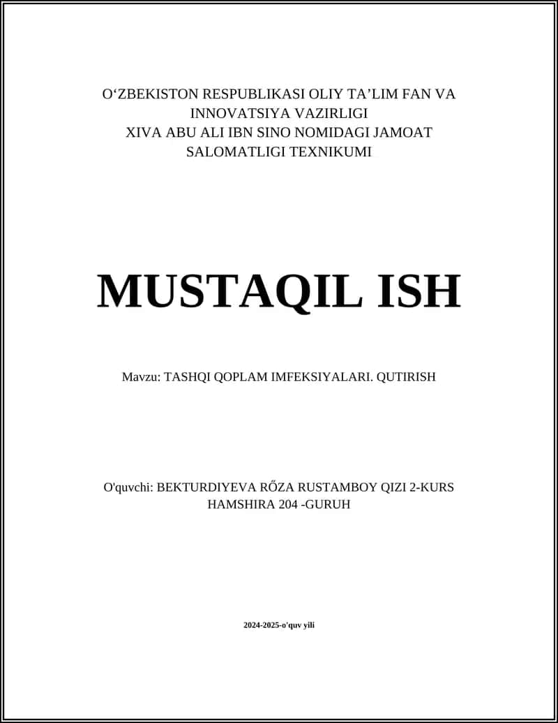 TASHQI QOPLAM IMFEKSIYALARI. QUTIRISH
