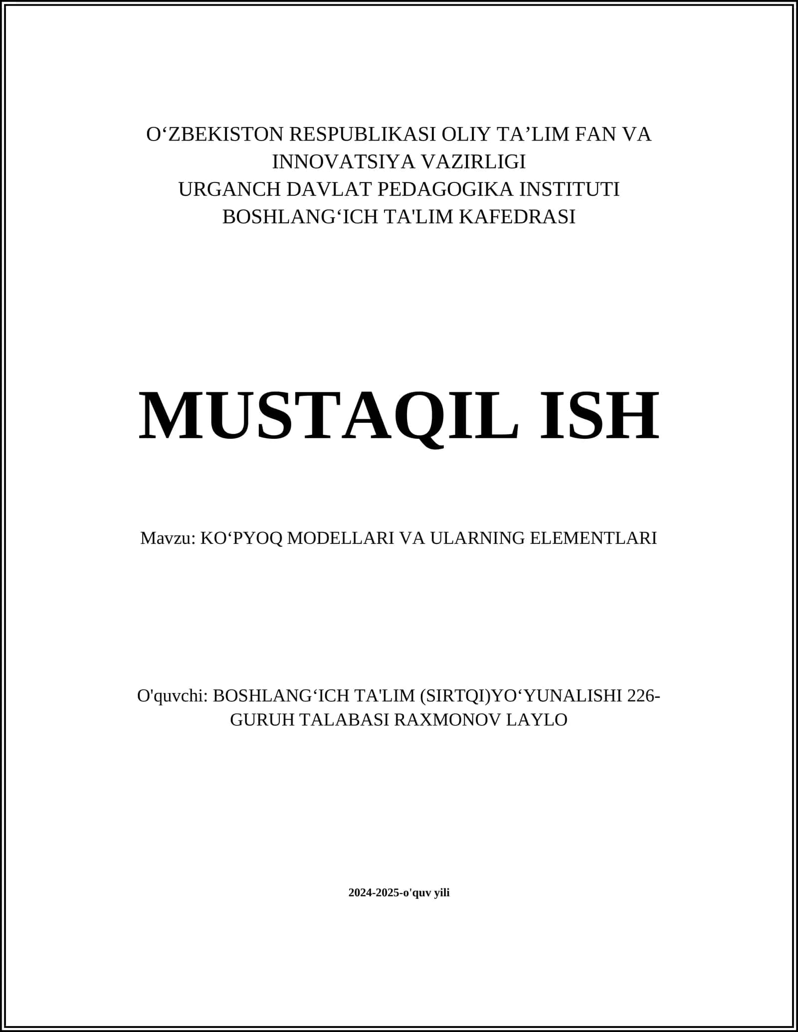 KO‘PYOQ MODELLARI VA ULARNING ELEMENTLARI