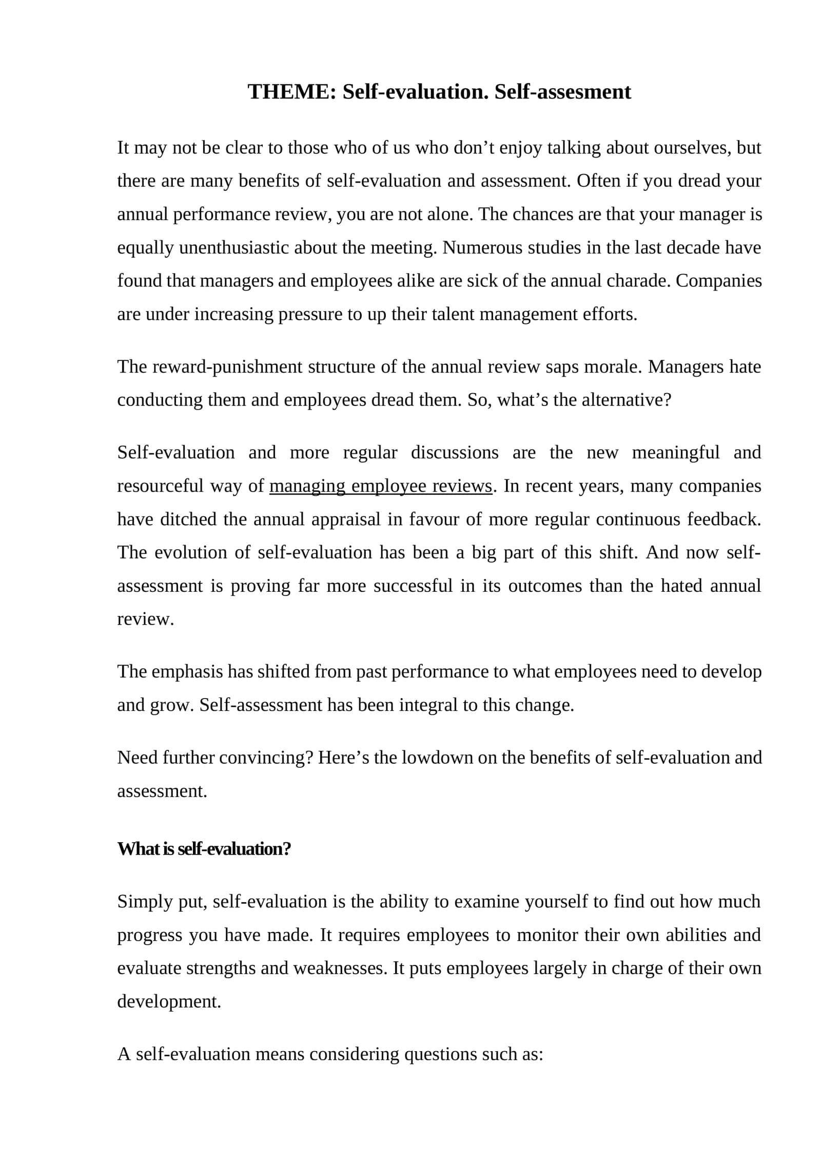 Self-evaluation and Assessment