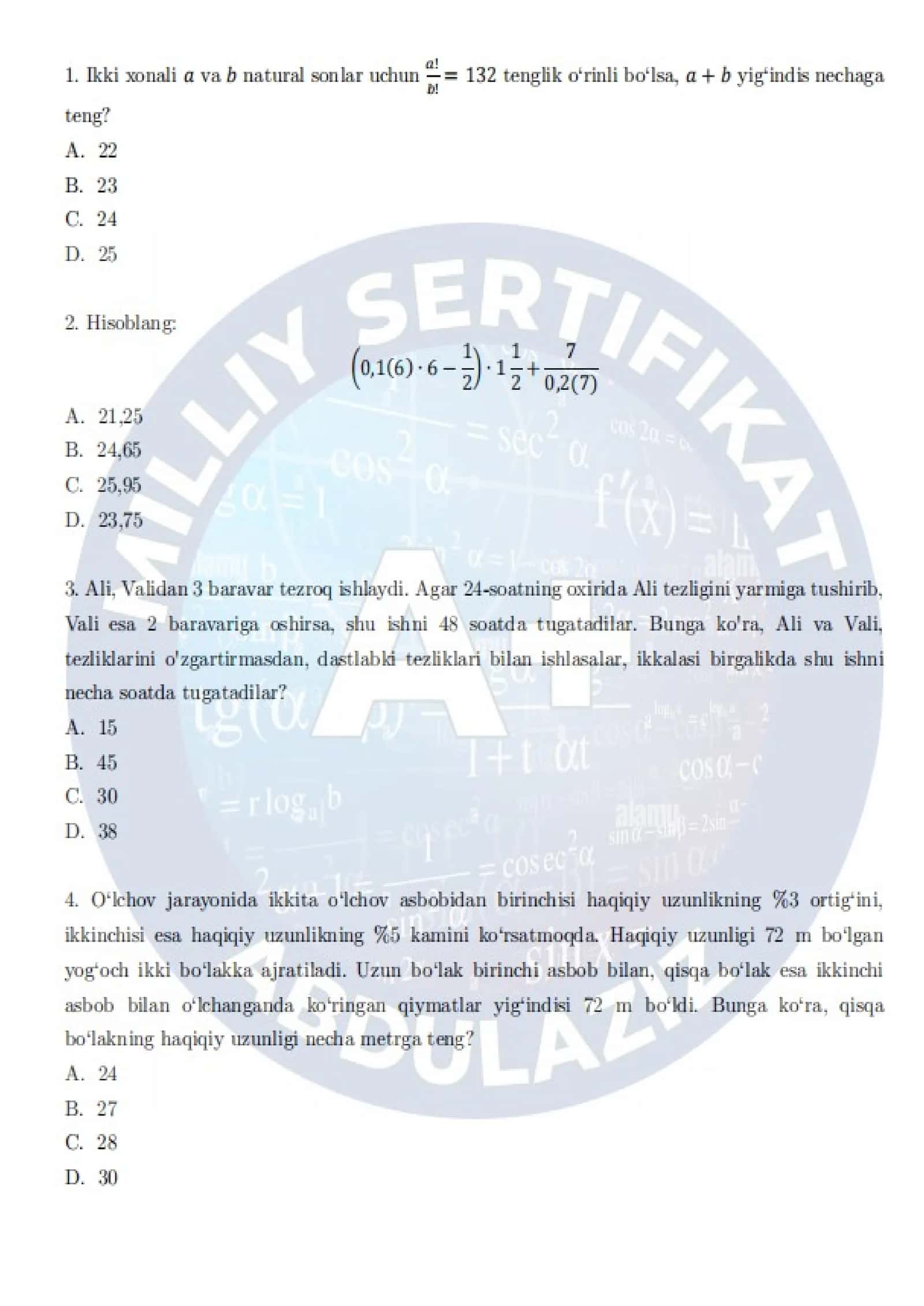 π"Matematika Milliy Sertifikat β MOCK TEST | Toβliq sinov varianti"
