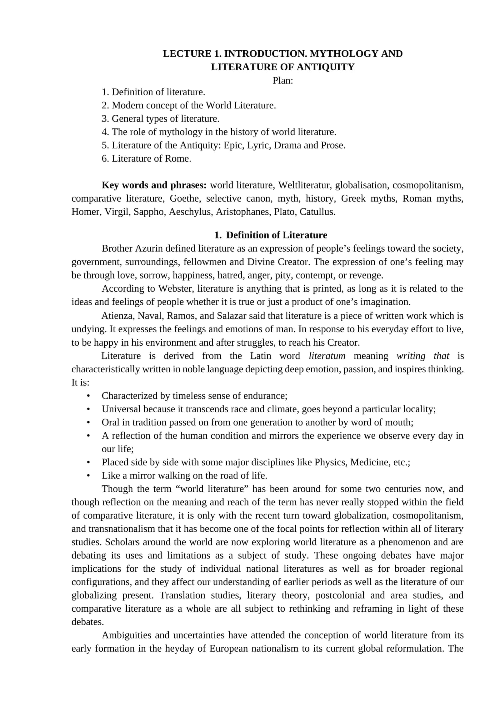LECTURE 1. INTRODUCTION. MYTHOLOGY AND LITERATURE OF ANTIQUITY