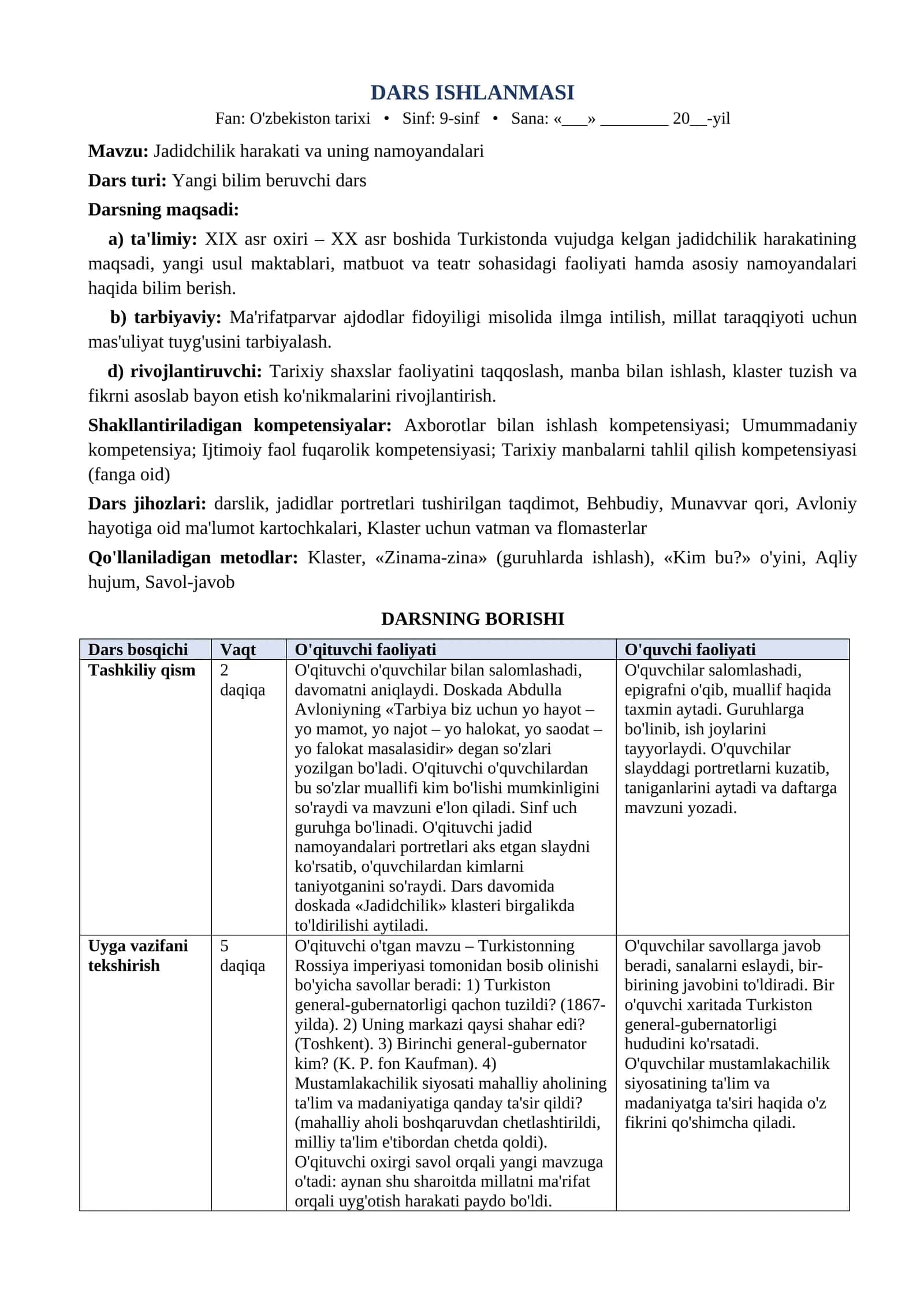 9 sinf Ozbekiston tarixi dars ishlanma Jadidchilik harakati va uning namoyandalari