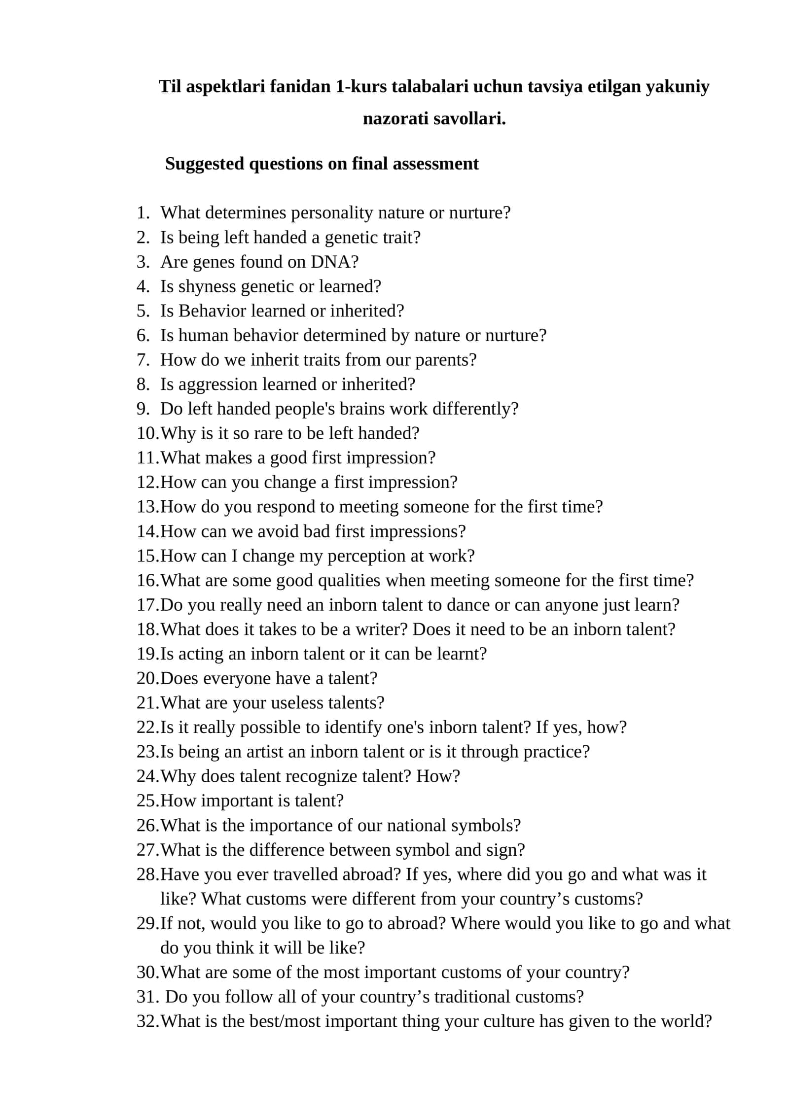 Yakuniy nazorat savollari (Final assessment questions)