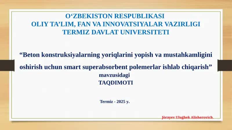Betonkonstruksiyalarning yoriqlarini yopish uchun smart superabsorbent polemerlar ishlab chiqarish