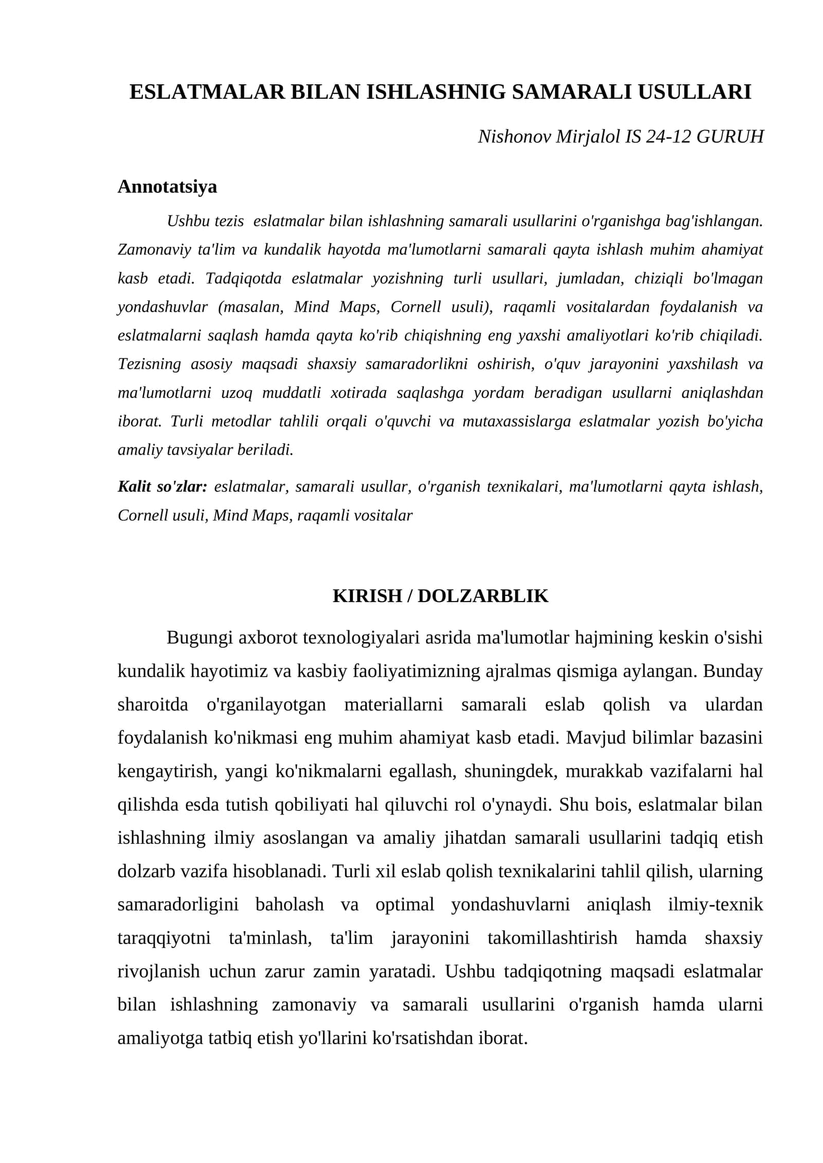 ESLATMALAR BILAN ISHLASHNIG SAMARALI USULLARI