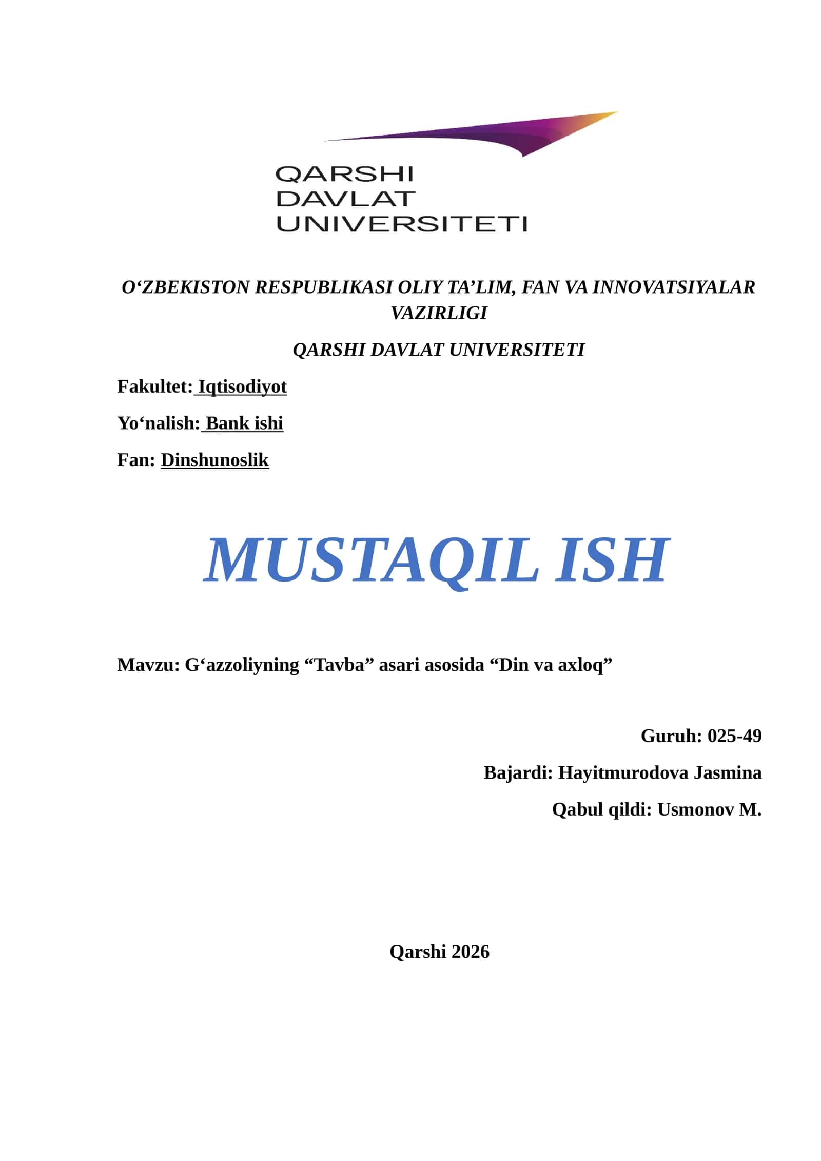 G‘azzoliyning “Tavba” asari asosida “Din va axloq”