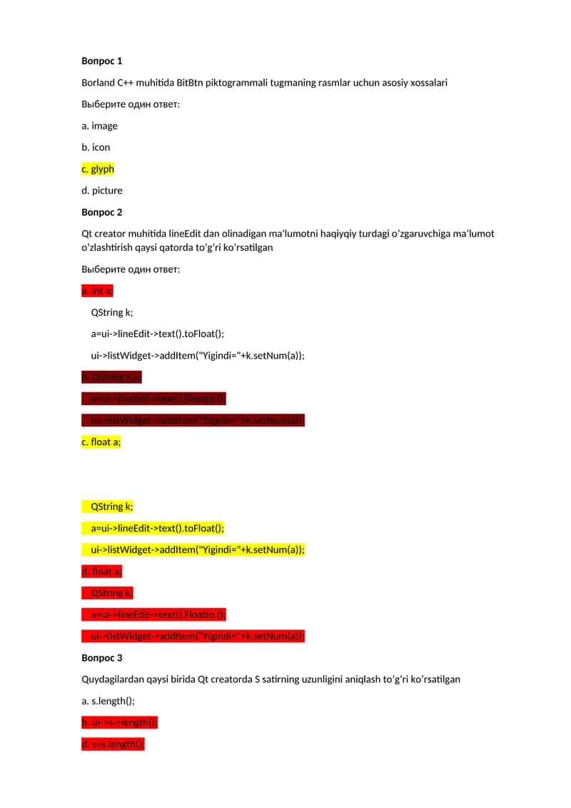 Borland C++ va Qt creator muhitida dasturlash bo'yicha savollar
