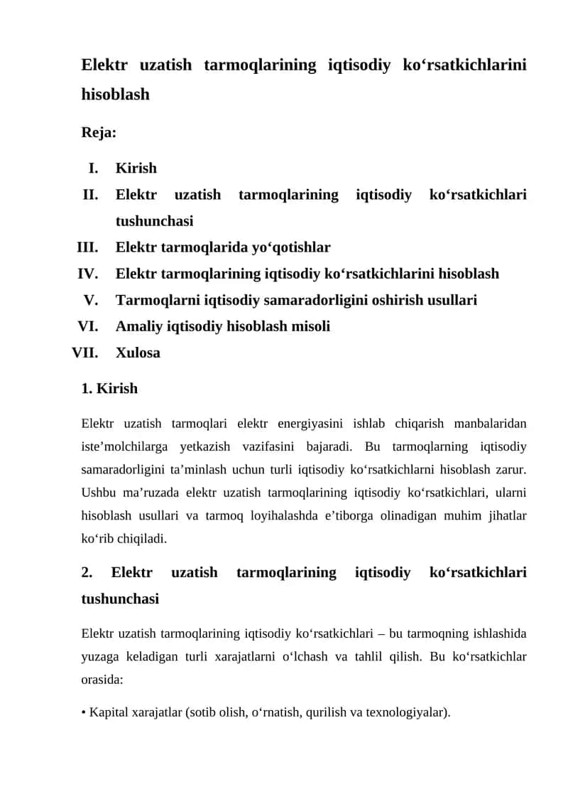 Elektr uzatish tarmoqlarining iqtisodiy ko‘rsatkichlarini hisoblash