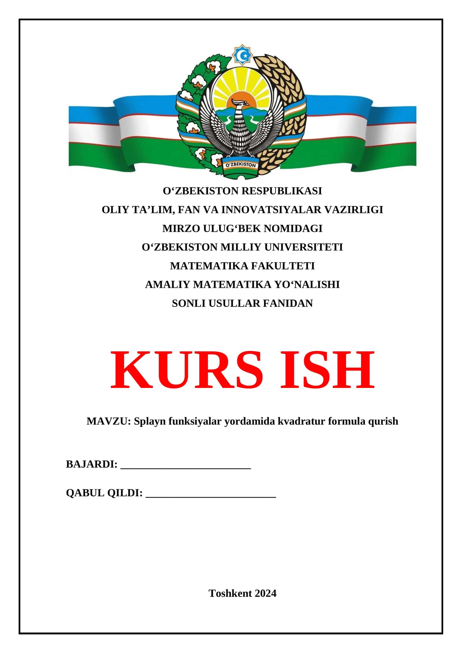 Splayn funksiyalar yordamida kvadratur formula qurish