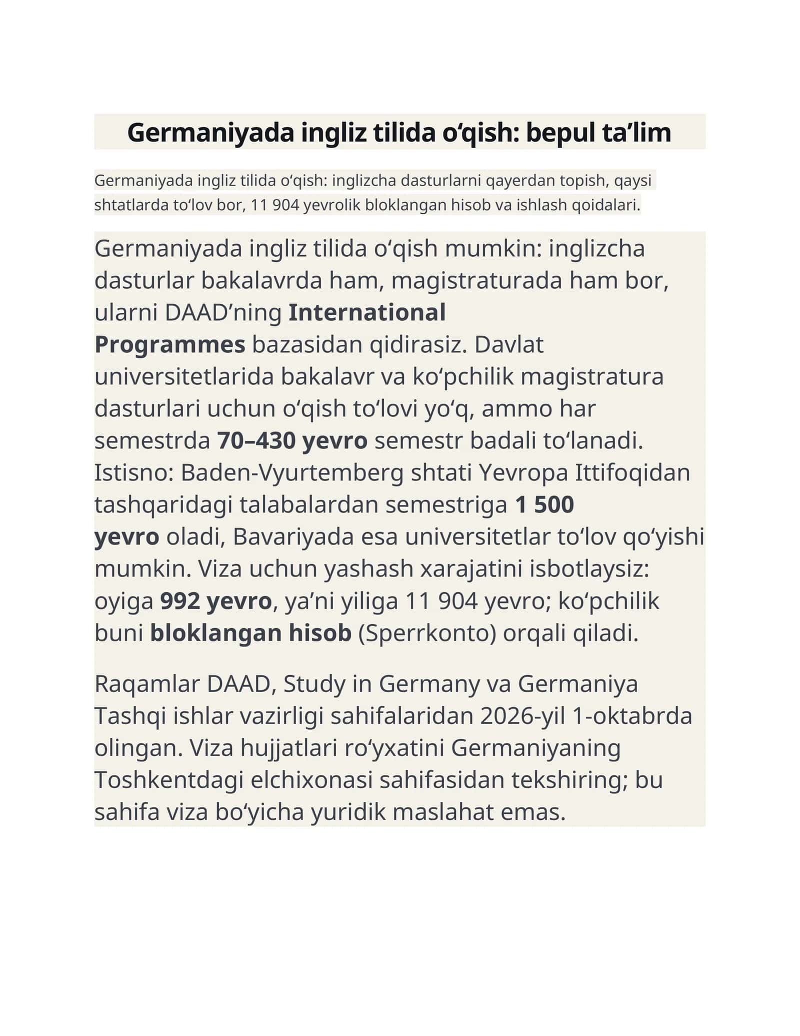 Germaniyada ingliz tilida o‘qish: bepul ta’lim