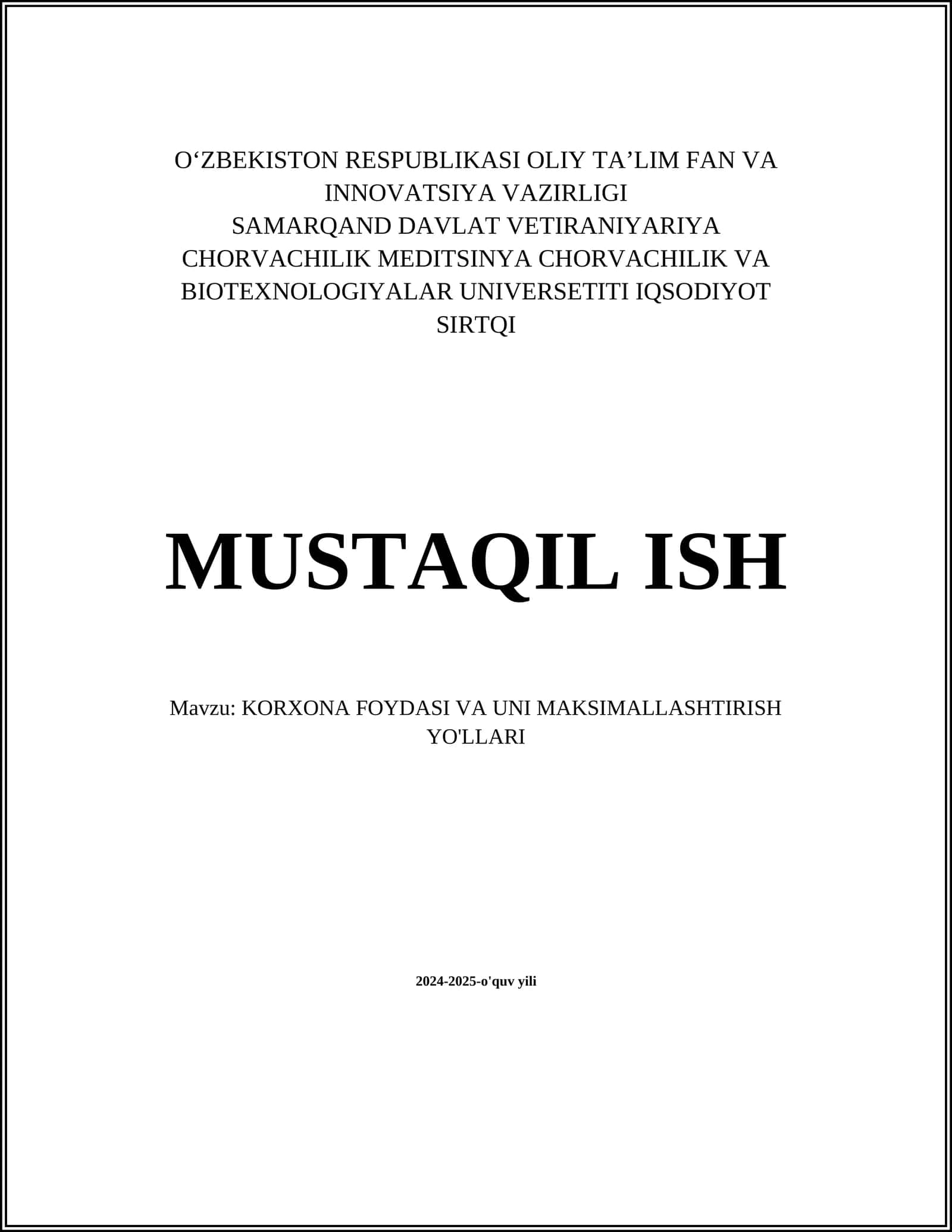 KORXONA FOYDASI VA UNI MAKSIMALLASHTIRISH YO'LLARI