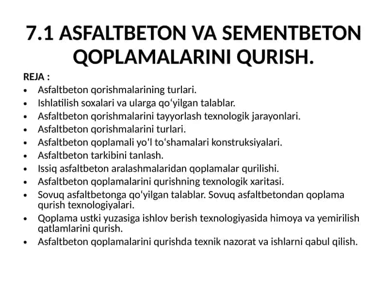 ASFALTBETON VA SEMENTBETONQOPLAMALARINI QURISH