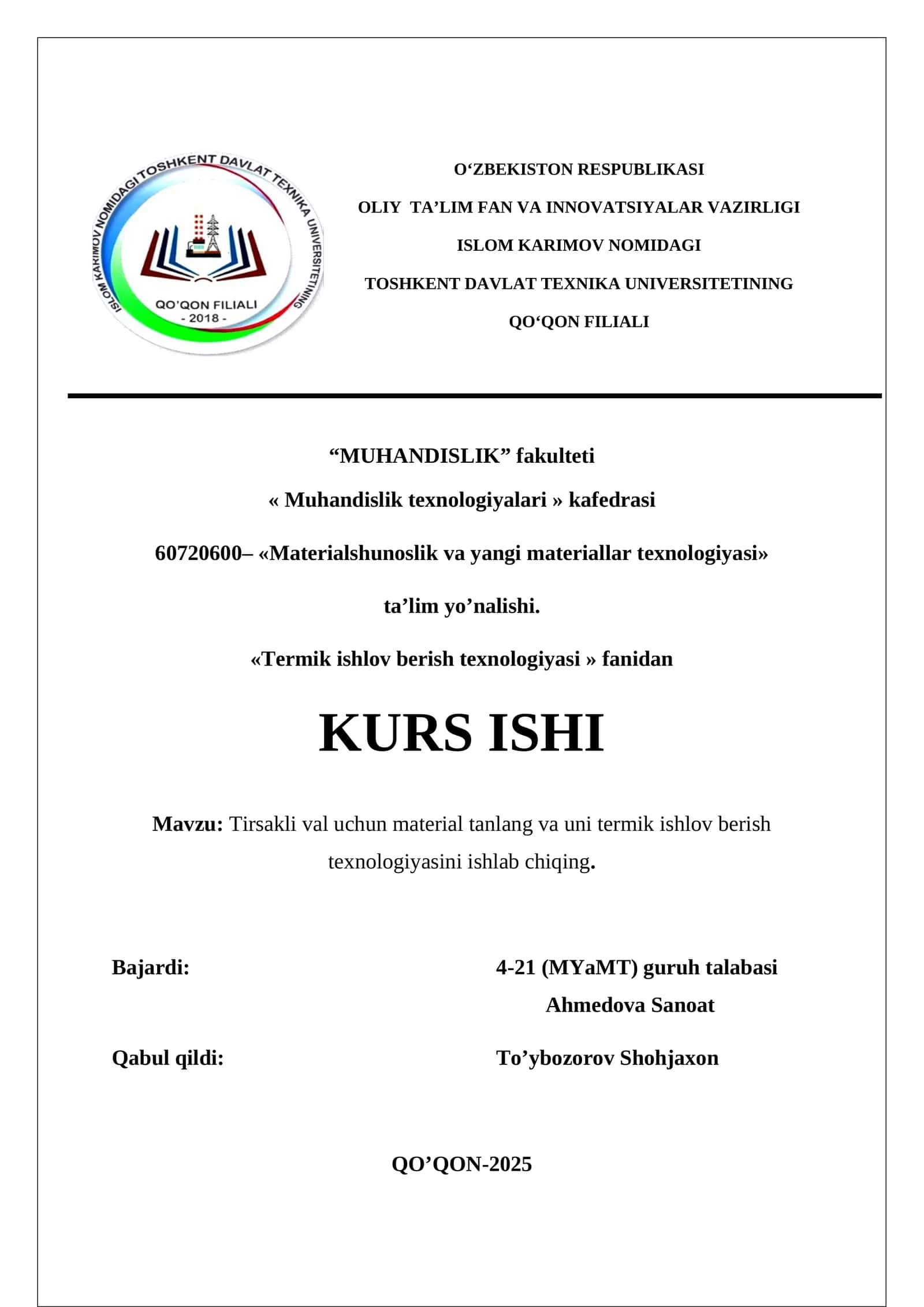 Tirsakli val uchun material tanlov