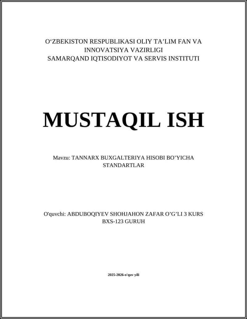 TANNARX BUXGALTERIYA HISOBI BO’YICHA STANDARTLAR