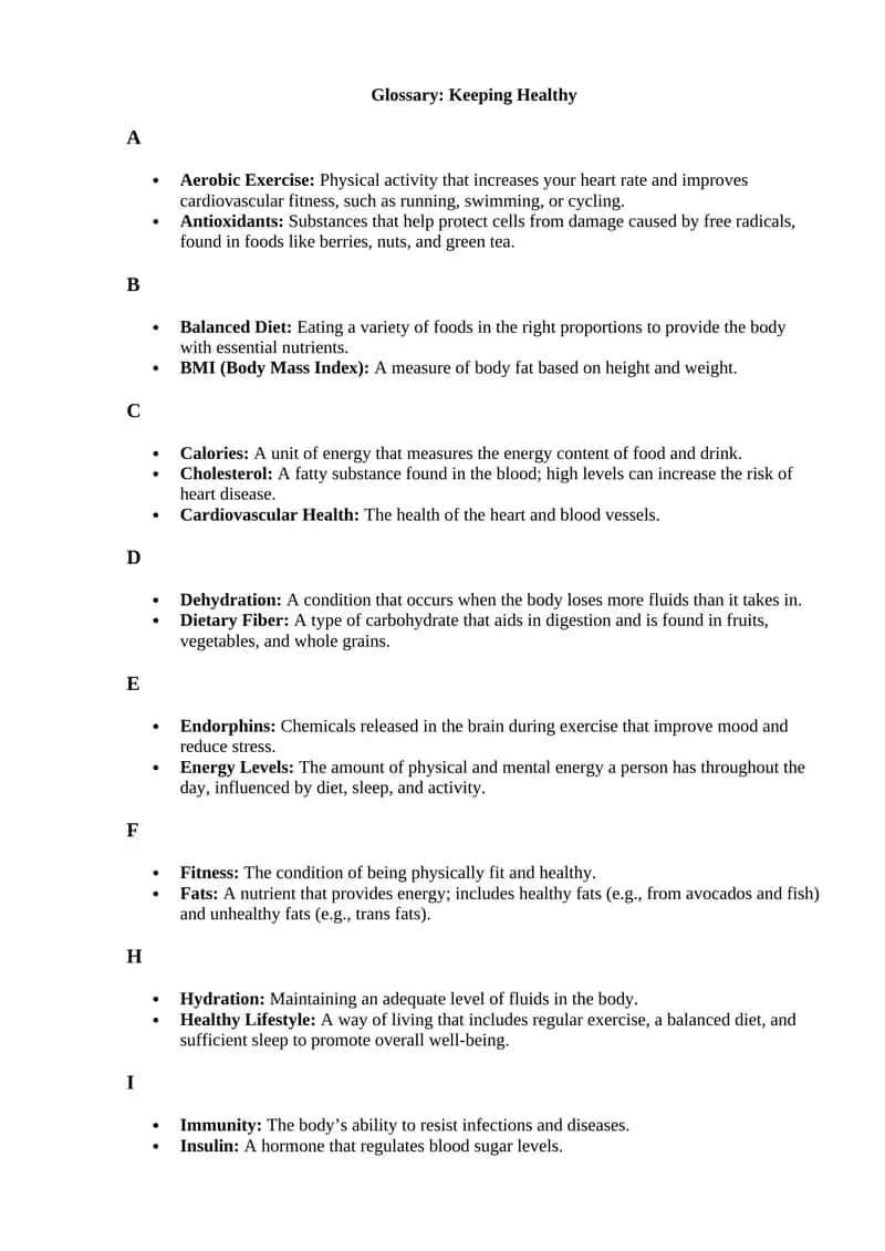 Glossary: Keeping Healthy