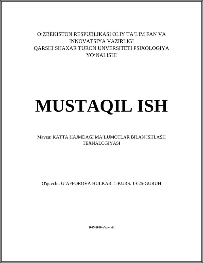 KATTA HAJMDAGI MA’LUMOTLAR BILAN ISHLASH TEXNALOGIYASI
