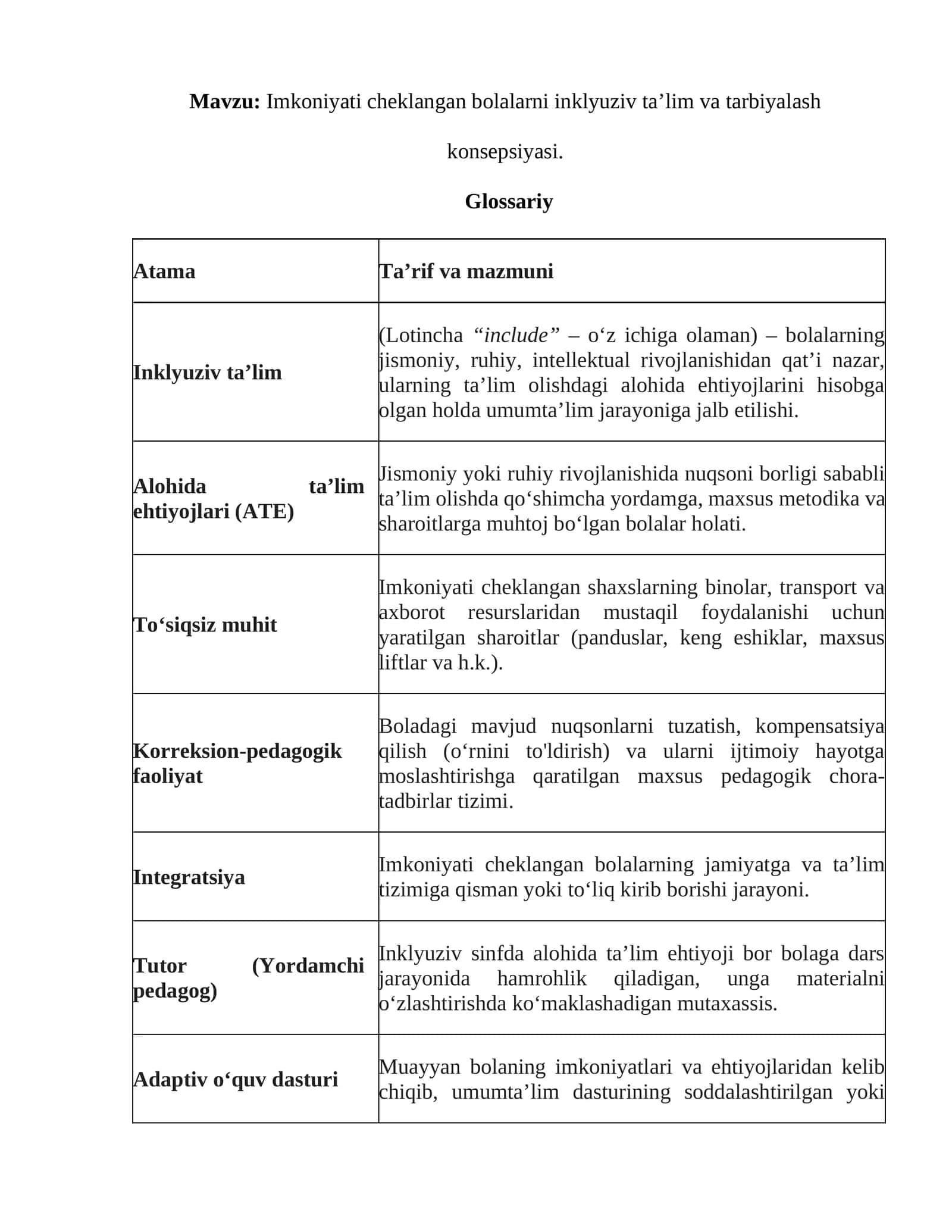 Imkoniyati cheklangan bolalarni inklyuziv ta’lim va tarbiyalash konsepsiyasi