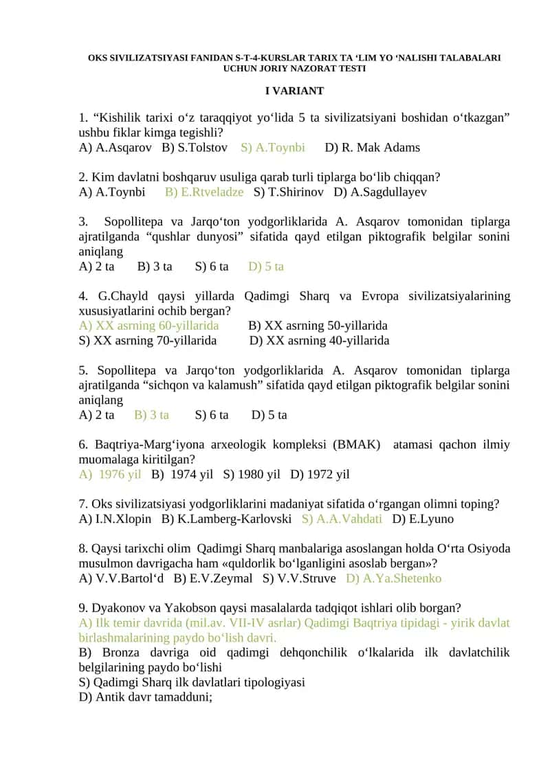OKS SIVILIZATSIYASI FANIDAN S-T-4-KURSLAR TARIX TA ‘LIM YO ‘NALISHI TALABALARI UCHUN JORIY NAZORAT TESTI