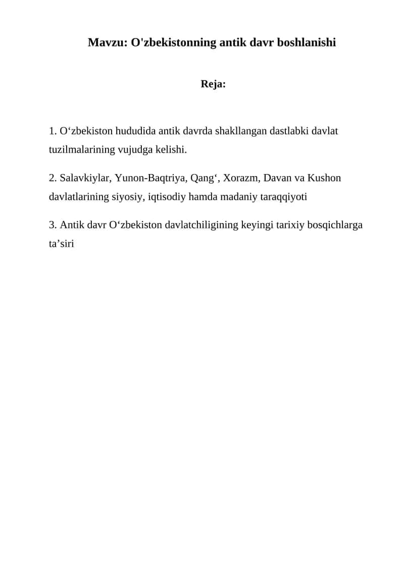 O'zbekistonning antik davr boshlanishi